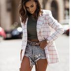 Damen elegante Blazerjacke im karierten Design mit Doppeltasten R&B