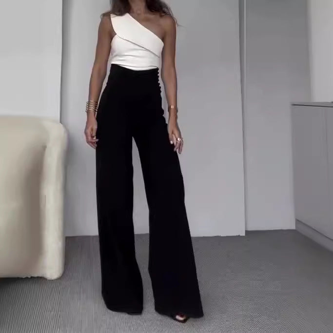 Damen Eleganter Jumpsuit mit asymmetrischem Schnitt und weitem Bein R&B