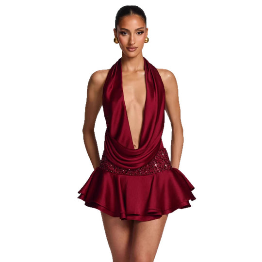 Damen elegantes Wickelkleid mit tiefem V-Ausschnitt und schwingendem Rock R&B