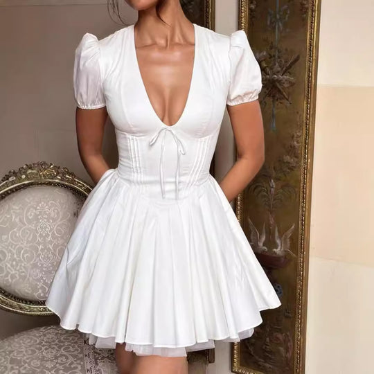 Damen Glamouröses Volantkleid mit tiefem V-Ausschnitt und Puffärmeln R&B