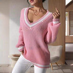 Damen lässiger Pullover mit V-Ausschnitt und dekorativer Knopfleiste R&B