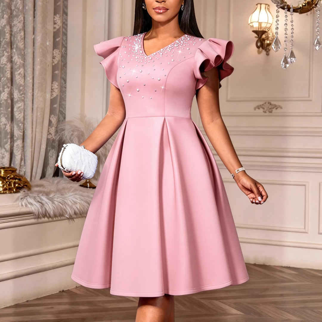 Damen Elegantes Kleid mit funkelndem Strass-Besatz und voluminösen Ärmeln R&B