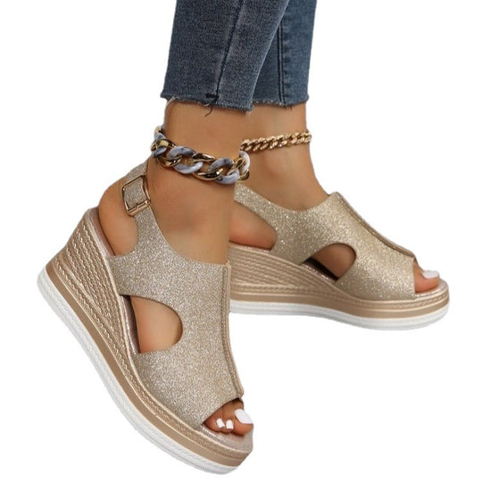 Damen Wedge-Sandalen mit glitzerndem Obermaterial und komfortablem Fußbett R&B