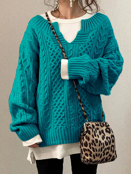 Damen Grobstrickpullover mit V-Ausschnitt und modischem Zopfdesign R&B
