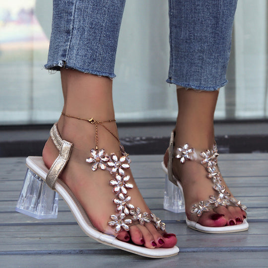 Damen Sandalen mit funkelnden Blumenapplikationen und klarem Blockabsatz R&B