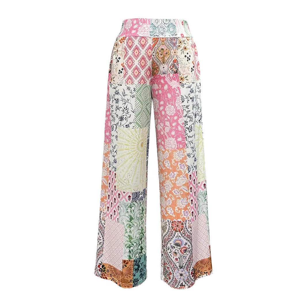 Damen Komfortable weite Stoffhose mit buntem Patchwork-Muster R&B