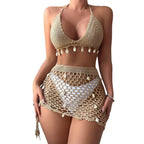 Damen Häkel-Bikini-Set mit charmanten Muscheldetails und verstellbarem Unterteil R&B