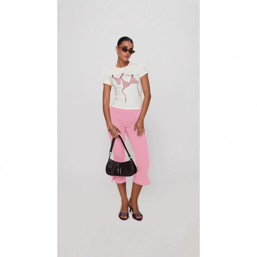 Damen T-Shirt mit kreativem Druck und figurbetontem Schnitt R&B