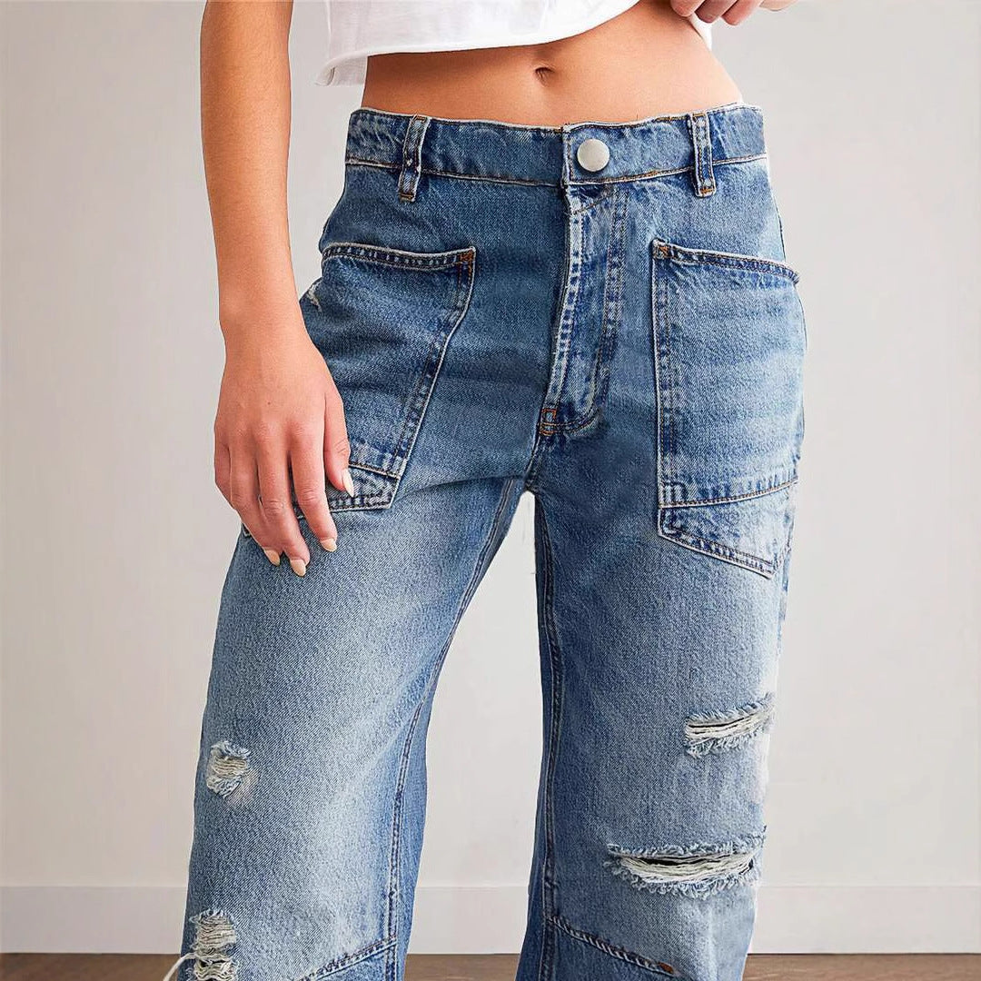 Damen Trendige Vintage Jeans im lässigen Boyfriend-Schnitt mit auffälligen Taschen R&B