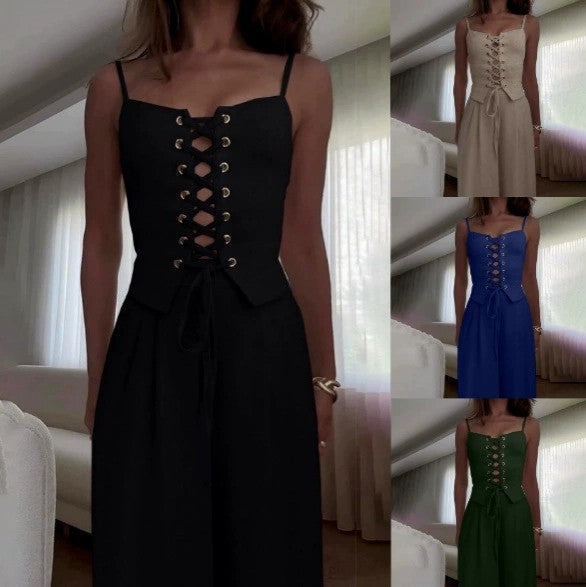 Damen Jumpsuit mit femininer Schnürung und weit geschnittenem Bein R&B