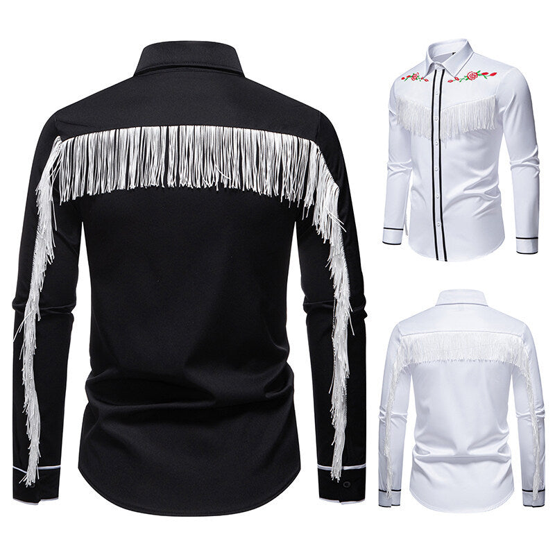 Herren elegante Westernbluse mit Fransen und bestickten Motiven