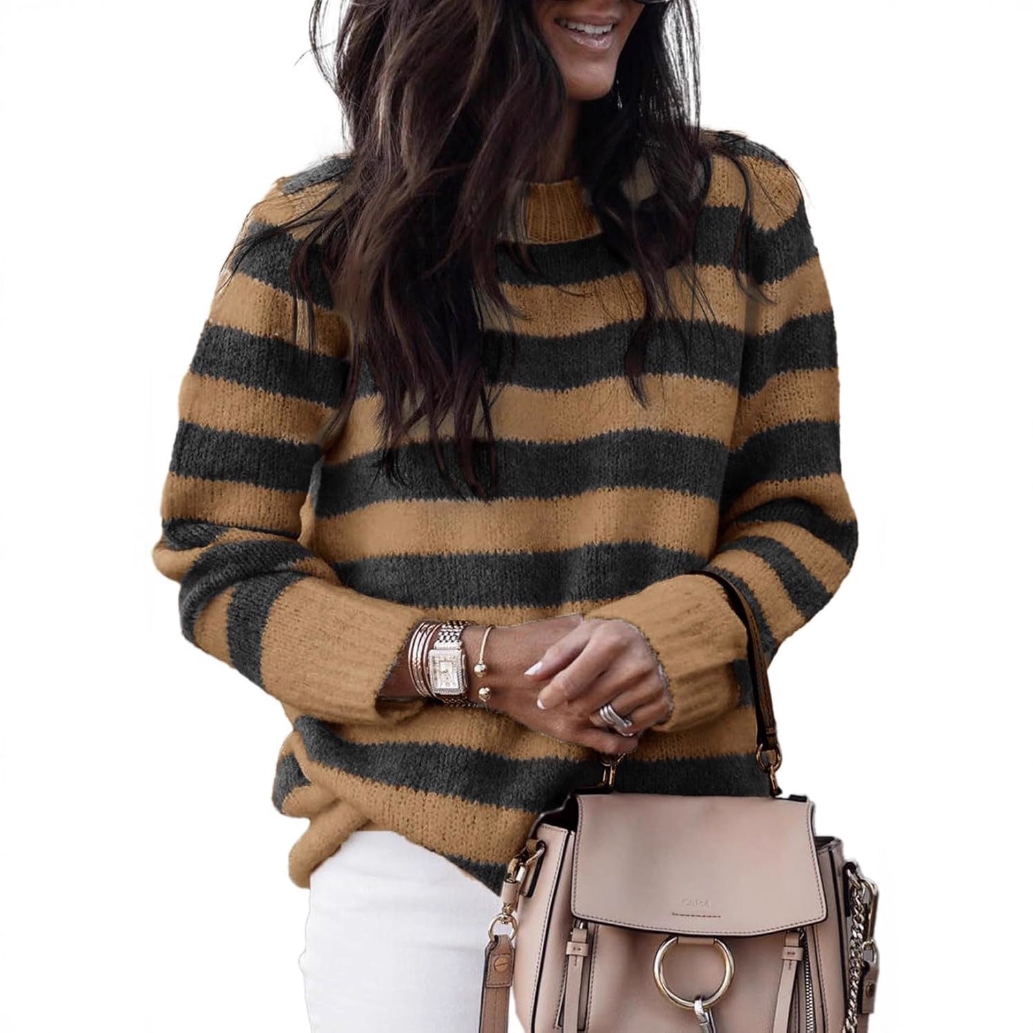 Damen lässiger Strickpullover mit breiten Querstreifen R&B