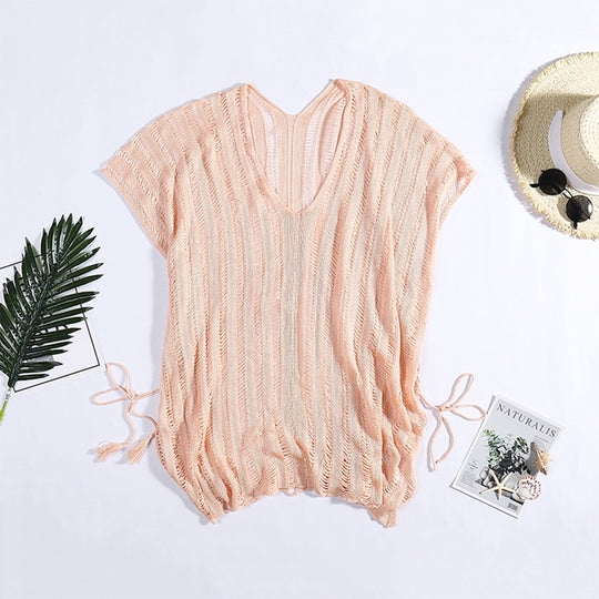 Damen lässige Strickbluse mit seitlichen Bindebändern R&B