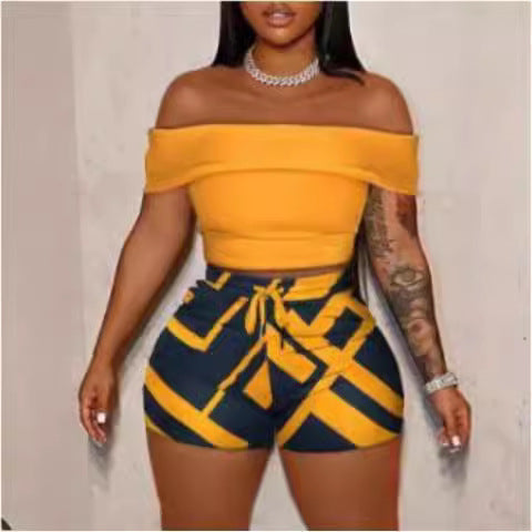 Damen Off-Shoulder Top und Hohe Taille Shorts Set R&B