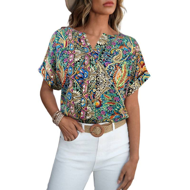 Damen Kurzarm Bluse mit buntem Druck und V-Ausschnitt R&B