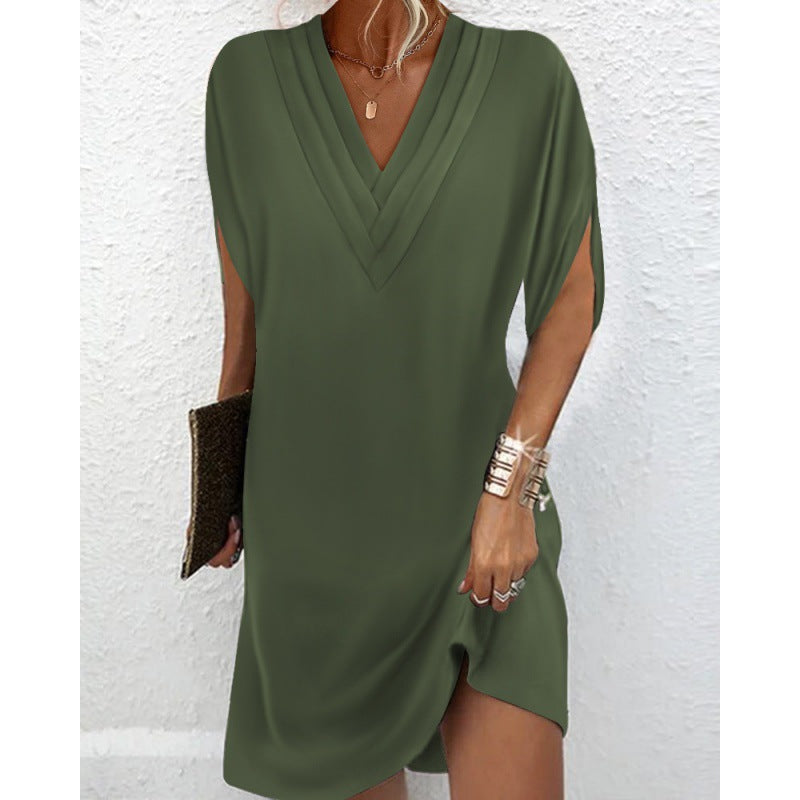 Damen elegantes V-Ausschnitt Kleid mit seitlichen Schlitzen und lässigem Schnitt R&B