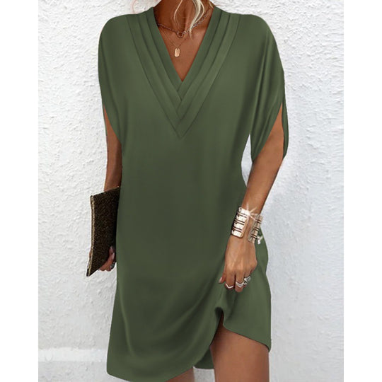 Damen elegantes V-Ausschnitt Kleid mit seitlichen Schlitzen und lässigem Schnitt R&B