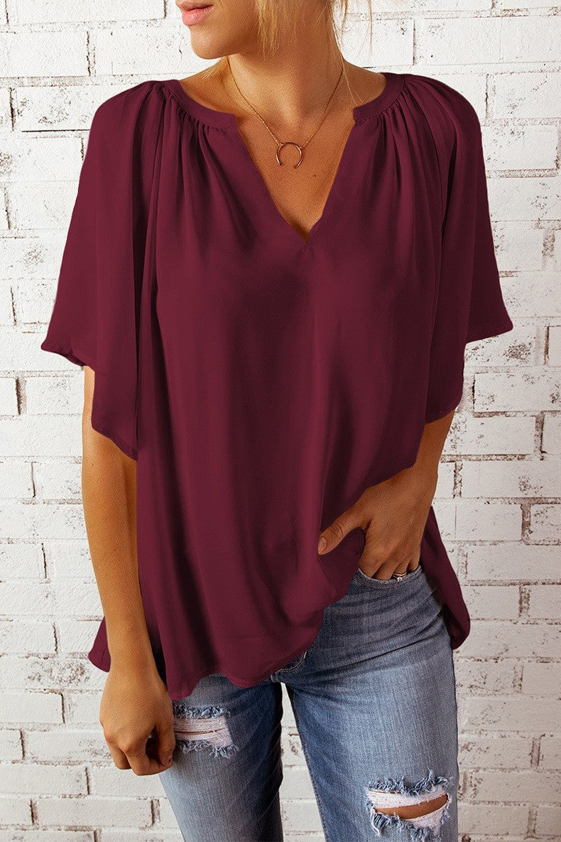 Damen luftige Bluse mit V-Ausschnitt und sanftem Faltenwurf R&B