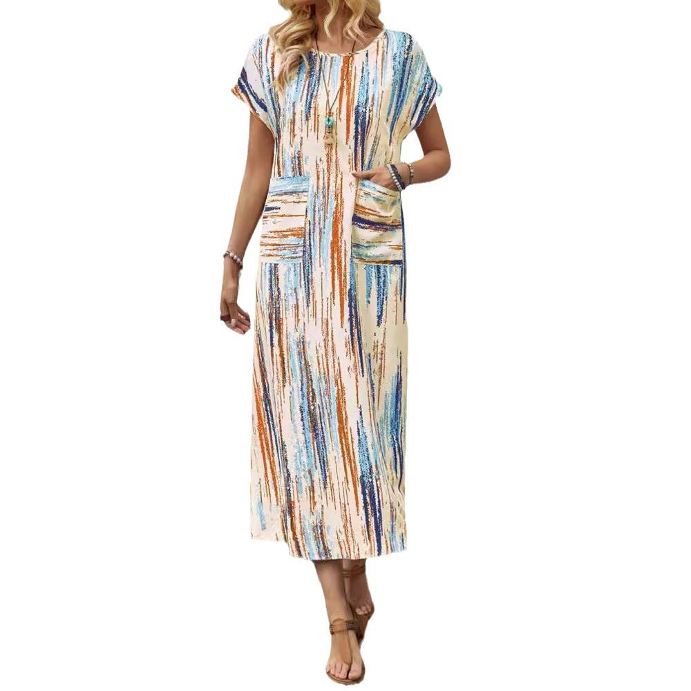 Damen Maxikleid mit praktischen Taschen und modischem Streifenmuster R&B