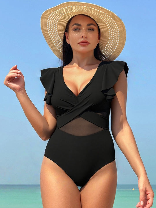 Damen Eleganter Einteiler Badeanzug mit asymmetrischem Rüschendesign R&B