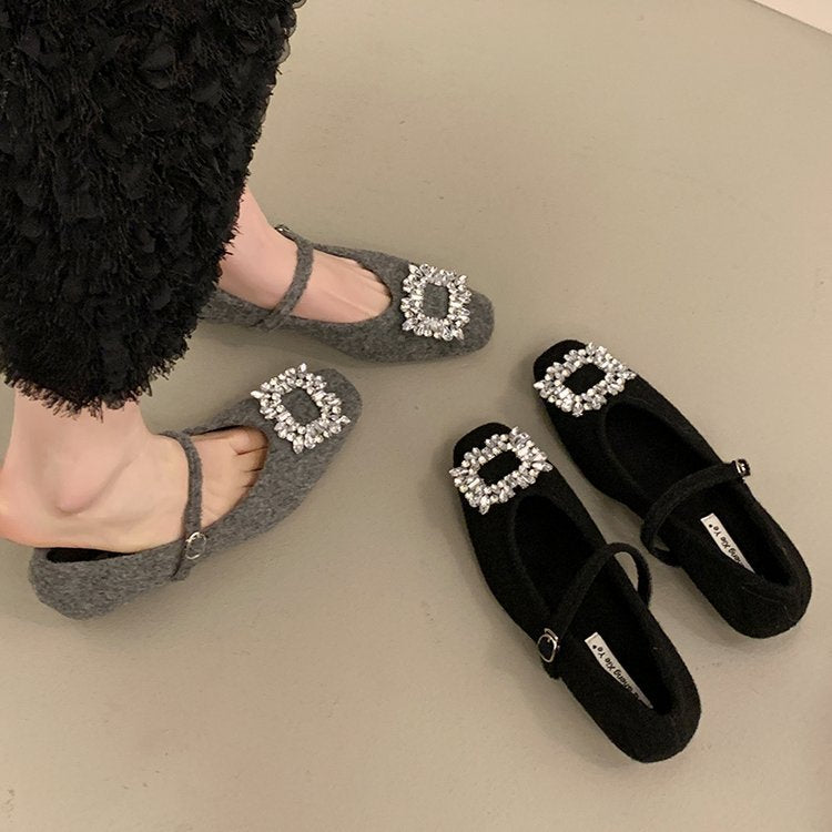 Damen Filz-Ballerinas mit eleganter Schnallenverzierung und funkelndem Kristallschmuck R&B