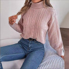 Damen Gemütlicher Strickpullover mit Stehkragen und Zopfmuster R&B