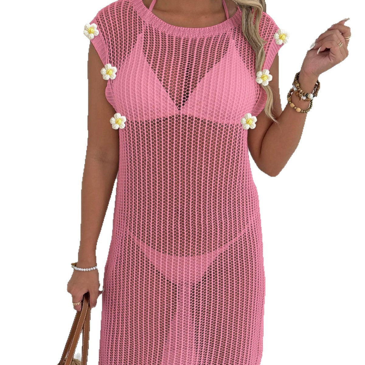 Damen luftiger Netzstrandkleid mit Fransen R&B