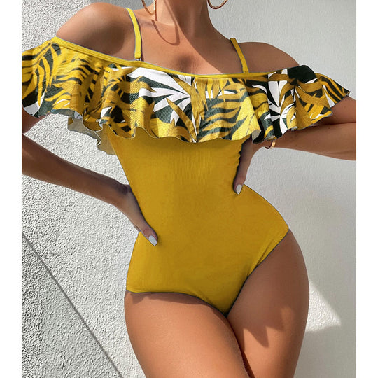 Damen Off-Shoulder Badeanzug mit voluminösem Rüschendesign R&B