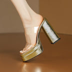 Damen elegante Plateau Mules mit transparentem Riemen R&B