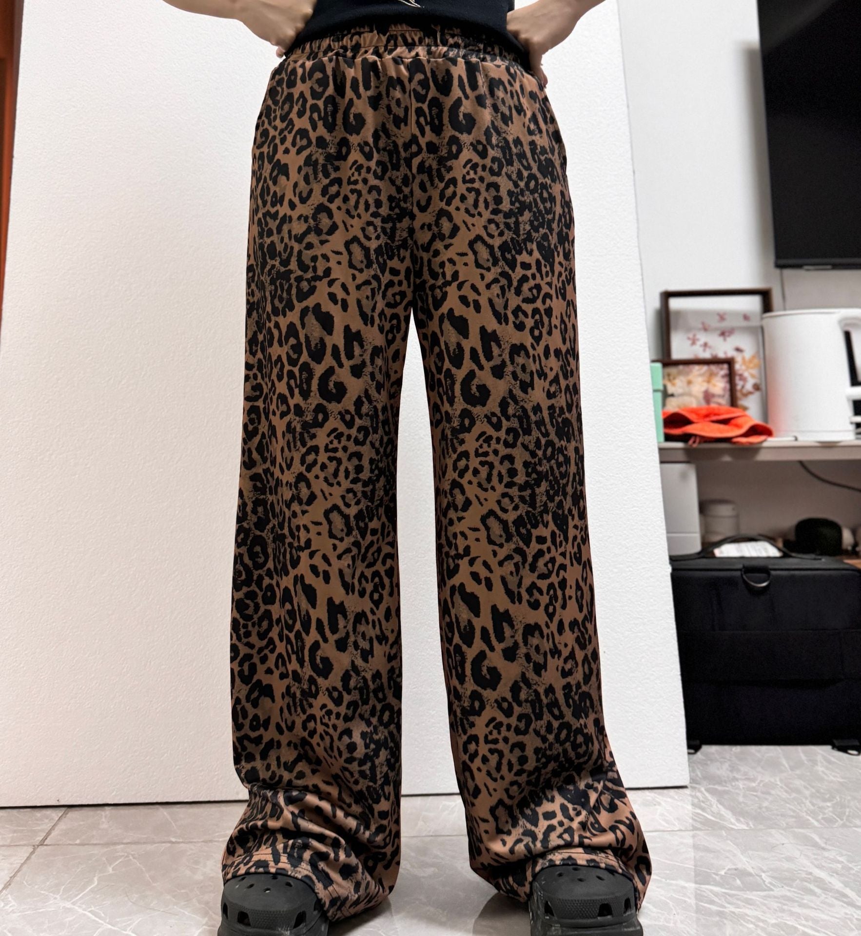 Damen Weite Leopard-Hose mit elastischem Bund und seitlichen Taschen R&B