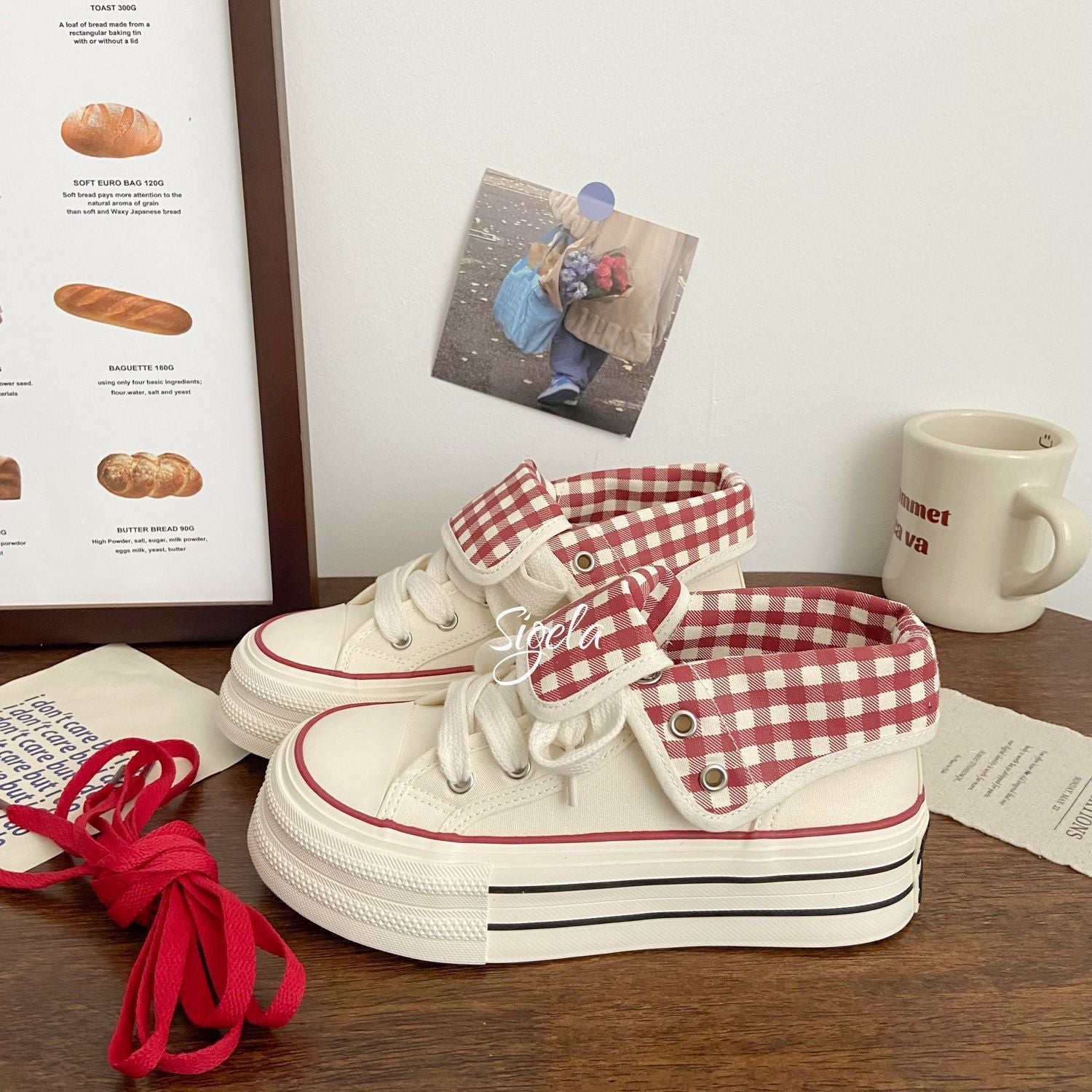 Damen Plateau Sneakers mit modischem Karomuster und elastischen Schnürsenkeln