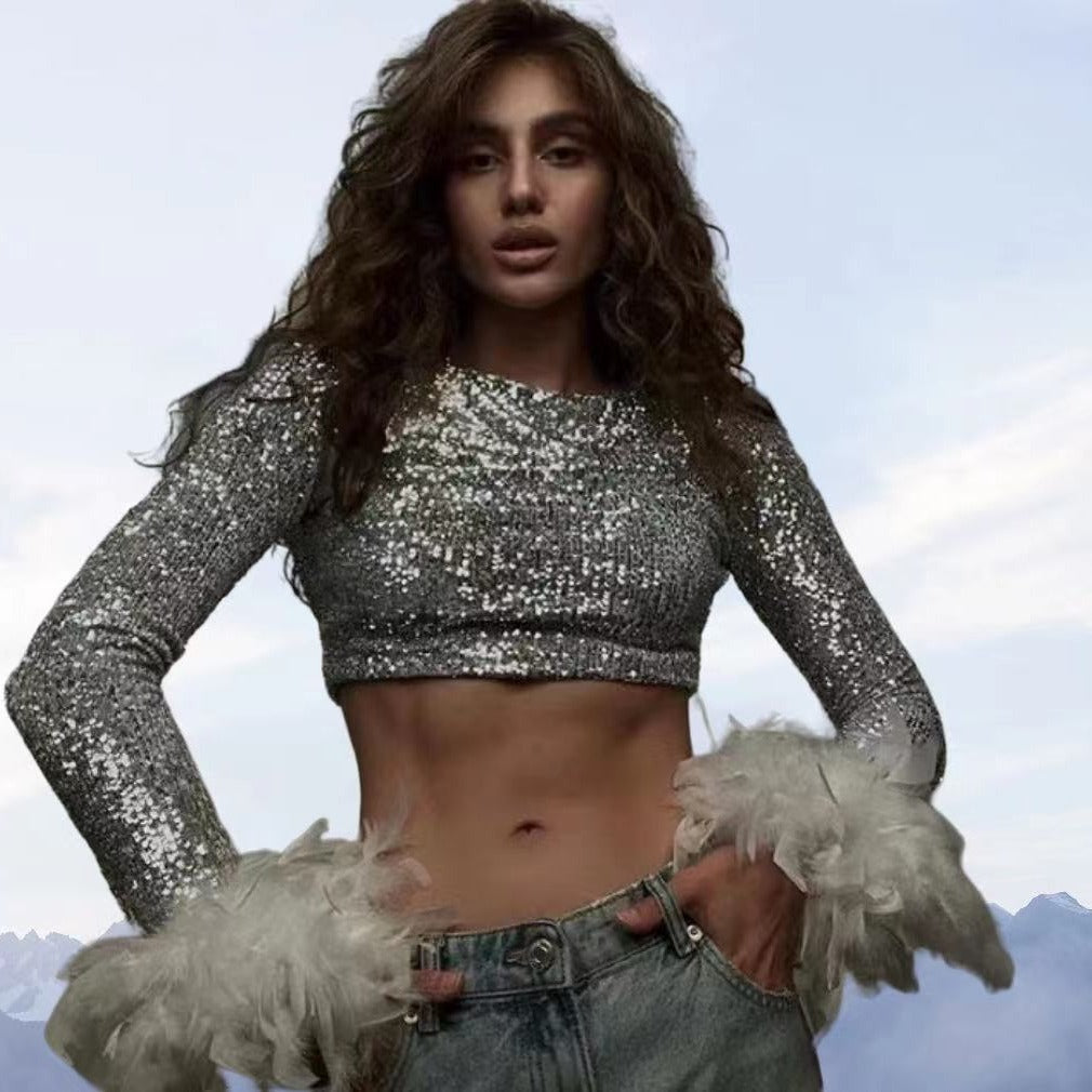 Damen Cropped Oberteil mit funkelndem Paillettenbesatz und fluffigen Ärmelbündchen R&B
