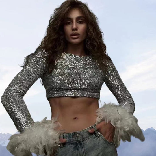 Damen Cropped Oberteil mit funkelndem Paillettenbesatz und fluffigen Ärmelbündchen R&B
