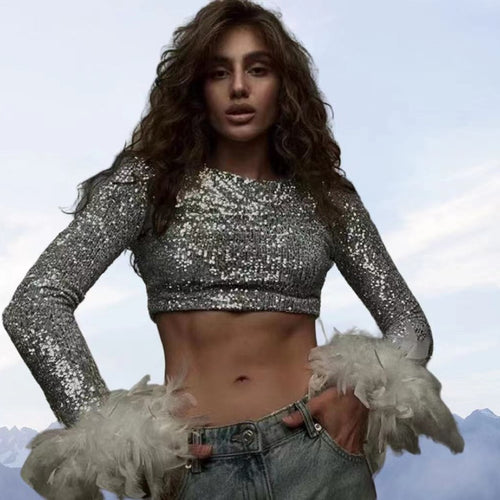 Damen Cropped Oberteil mit funkelndem Paillettenbesatz und fluffigen Ärmelbündchen R&B