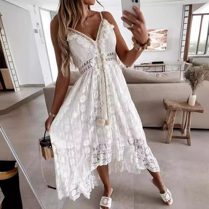 Damen Boho-Maxikleid mit Spitzenakzenten und dekorativen Quasten R&B
