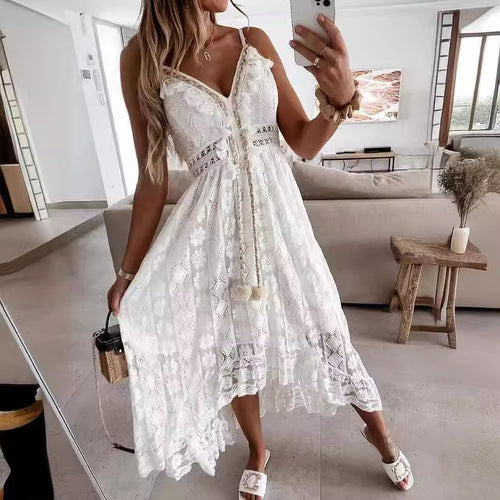 Damen Boho-Maxikleid mit Spitzenakzenten und dekorativen Quasten R&B
