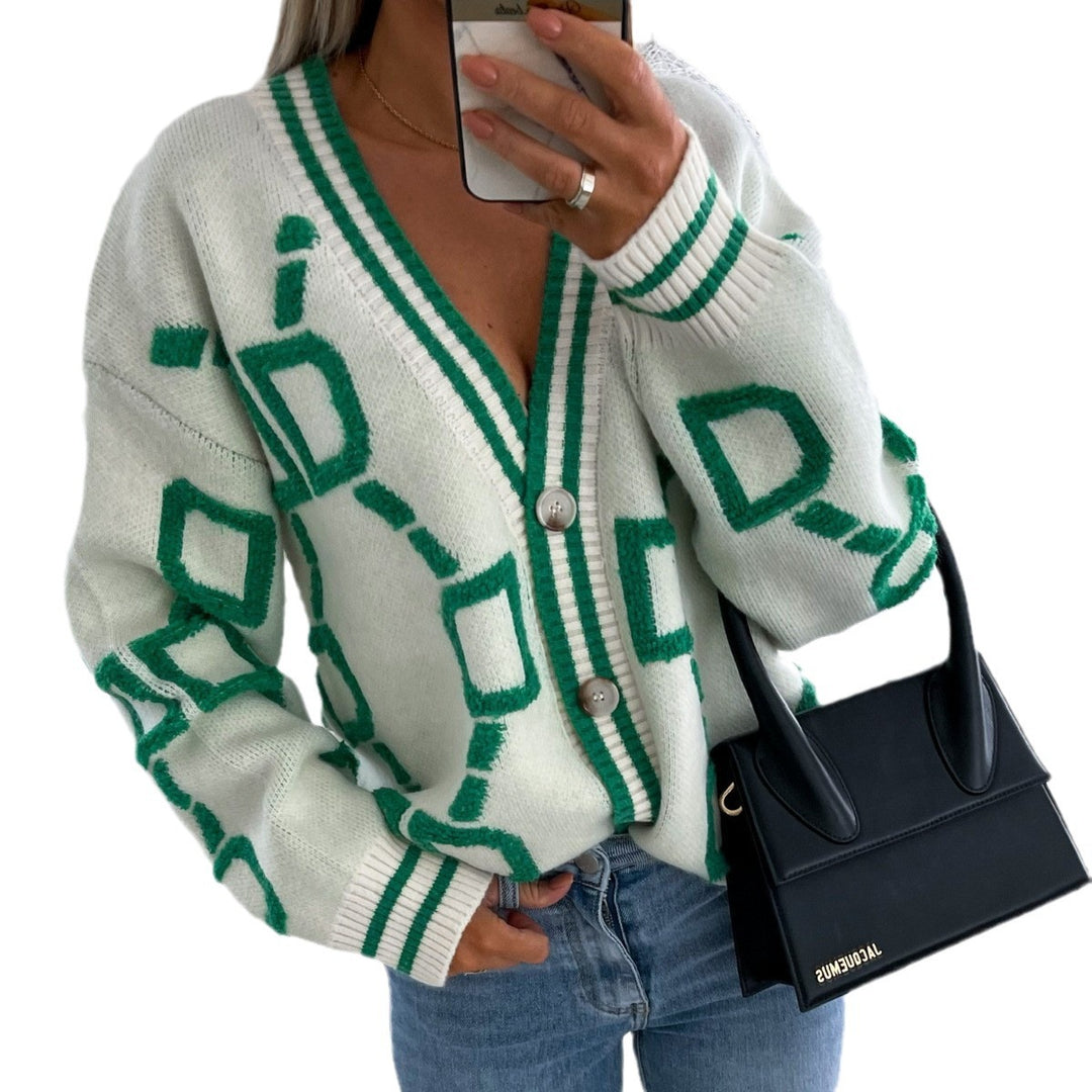 Damen Strickjacke mit modernem geometrischem Muster und weichem Material R&B