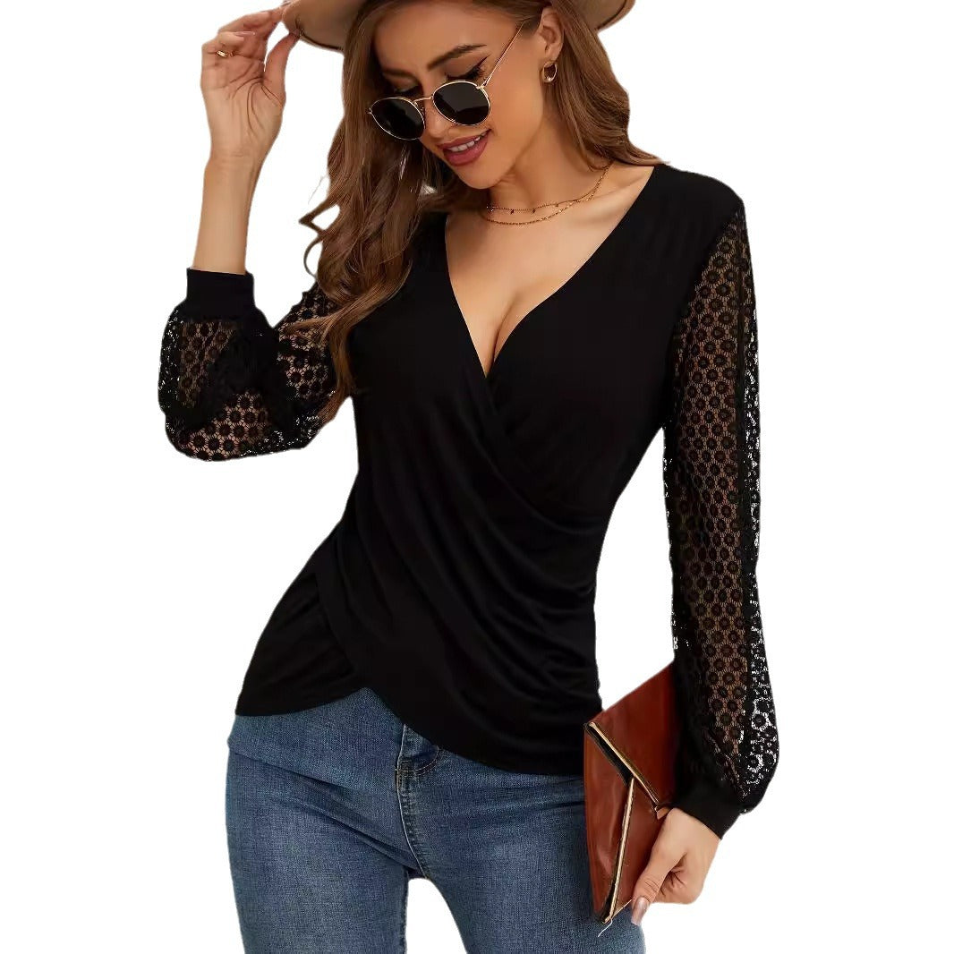 Damen nan elegante Wickelbluse mit Spitzenärmeln und tiefem V-Ausschnitt R&B