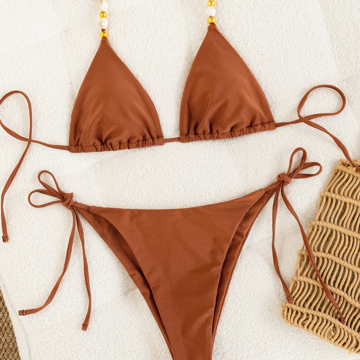Damen Triangel-Bikini mit verstellbaren Trägern und dekorativen Perlen R&B
