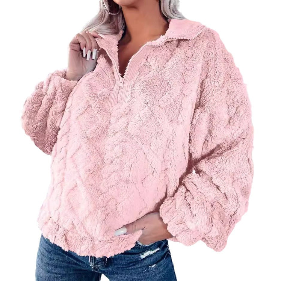 Damen kuschelige Fleece-Pulloverjacke mit Reißverschluss und weiten Ärmeln