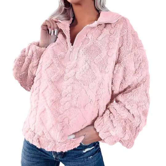 Damen kuschelige Fleece-Pulloverjacke mit Reißverschluss und weiten Ärmeln R&B