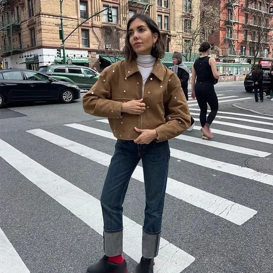 Damen modische Kurzjacke aus strukturiertem Material mit Perlenapplikationen R&B