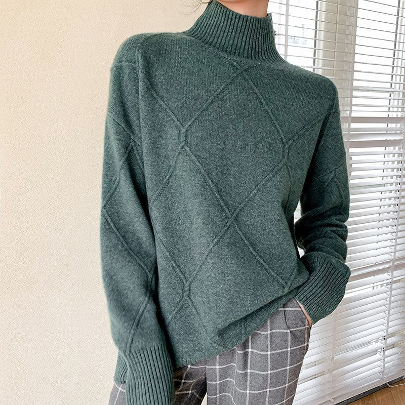 Damen Strickpullover mit hohem Kragen und Rautenmuster R&B