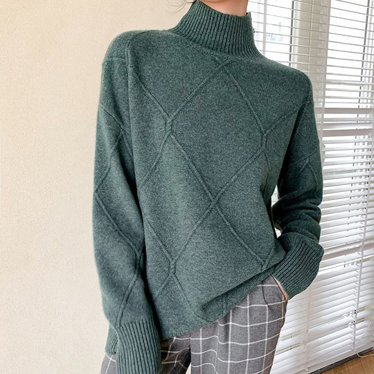 Damen Strickpullover mit hohem Kragen und Rautenmuster R&B