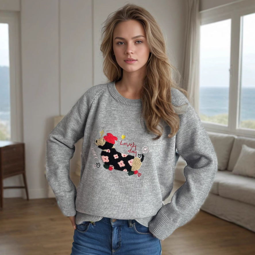 Damen Pullover mit tierischem Motiv und dekorativen Stickereien R&B