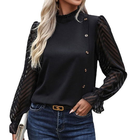 Damen Modisches Blusenshirt mit Rüschendetails und Knopfverzierung R&B