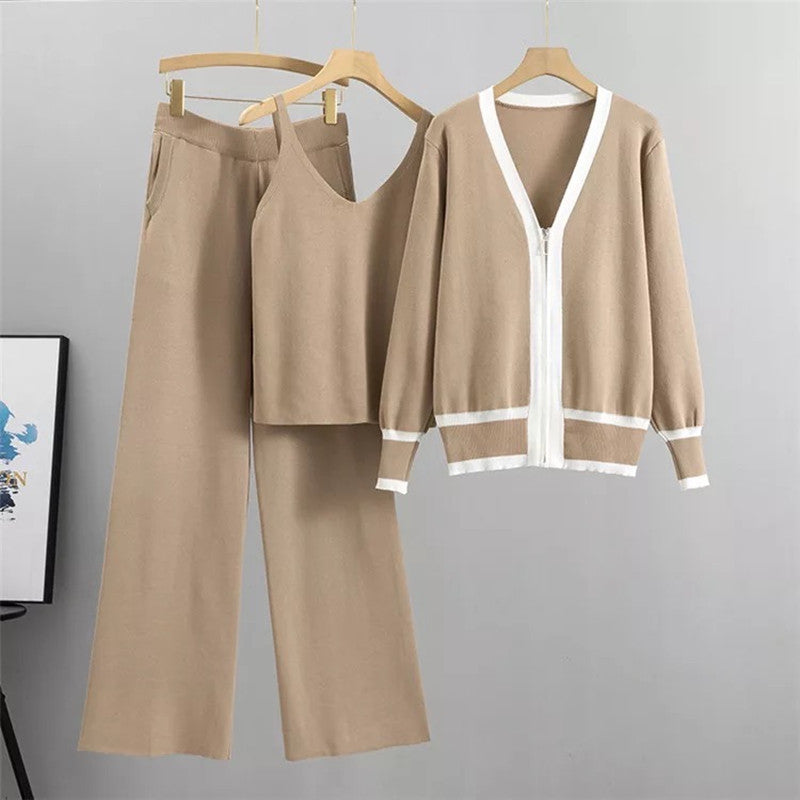 Damen lässiges Strick-Loungewear-Set mit hochwertigem Zip-Cardigan und Weitbein-Hosen R&B