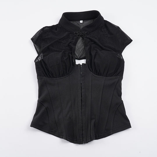 Damen Corsage-Oberteil mit Mesh-Einsätzen und feinen Rüschendetails R&B