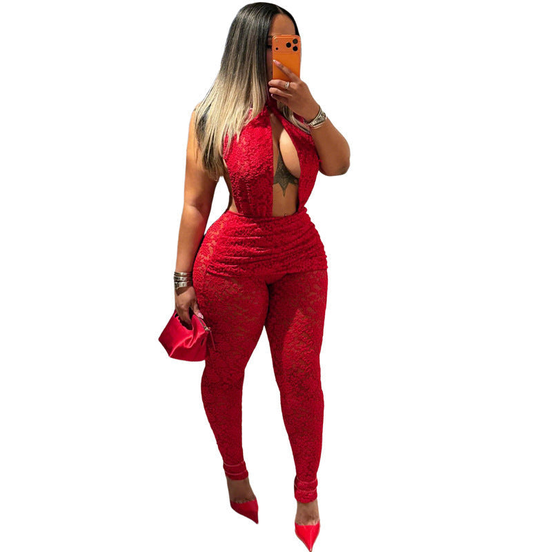 Damen Eleganter Spitzen-Jumpsuit mit tiefem V-Ausschnitt und tailliertem Design R&B