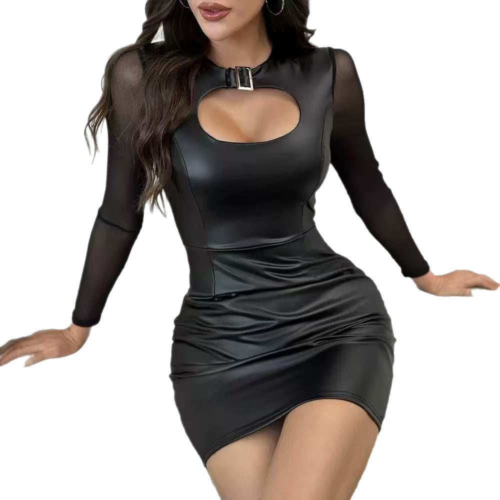 Damen Figurbetontes Kunstlederkleid mit transparenten Ärmeln und Dekolleté-Ausschnitt R&B